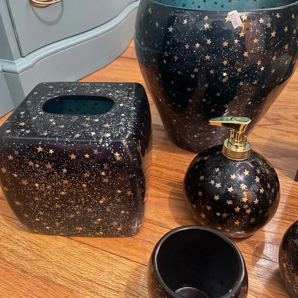 Y2K Celestial Starry night pattern Bathroom Accessory Set - Blue, silver, gold